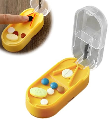 Tablettenteiler für Große und Kleine Tabletten,tablettenspalter mit Aufbewahrungsfach tablettenschneider Teilt Pillen Exakt, für Tabletten in ein Halbes Viertel Schneiden (Gelb)
