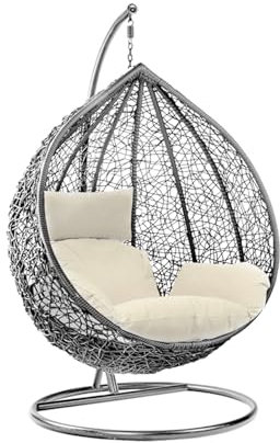 Rattan Swing Egg Chair | Holywarm Garden Swing Chair with Cushion | Indoor Outdoor Hanging Chair with Stand | Hammock Egg Chairs for Garden Bedroom Balcony (Grey Egg Chair + White Cushion)