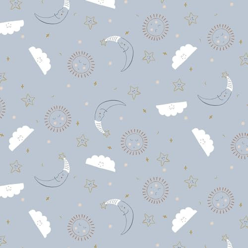Stoff Meterware Kinderstoff Flanell Baumwolle - 1 Meter, Mädchen, Jungen, Kinder, Baby, Kleidung, Deko, Bettwäsche, Kissen, Schlafanzug, Pyjama, Deko (Wolke Sterne Mond Sonne Blau)