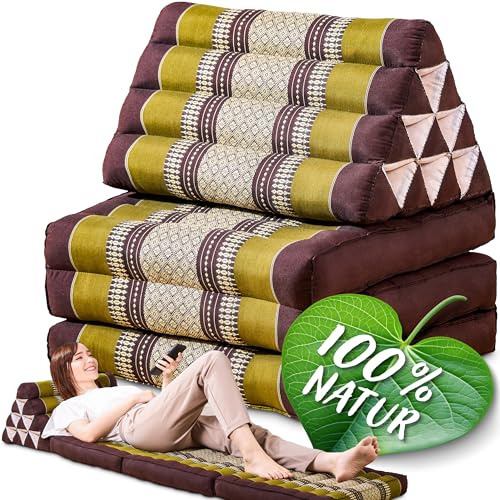 Namasdee Thaikissen 3 Auflagen 175x50x8cm mit 100% natürlicher Kapokfüllung (Braun/Grün)