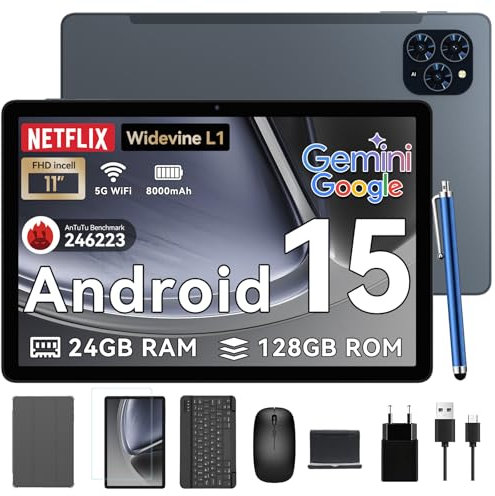 Tablet 2025 Latest Android 15 Tablet with 11 Inch FHD Display, 24GB RAM 128GB ROM /2TB TF, T615 Octa-Core+13MP Camera, 8000mAh, Widevine L1, 2 in 1 Tablets with Pen Keyboard Mouse, Gray