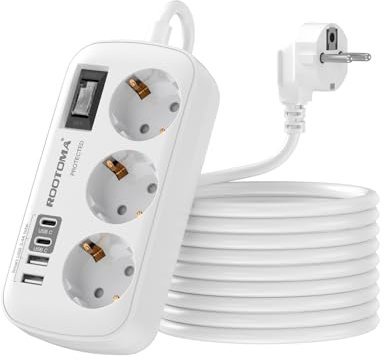 Verlängerungskabel 3M mit Überspannungsschutz Mehrfachsteckdose 4 USB(2 USB-C), 3 Fach Steckdose mit Schalter Wandmontage für Home Office, weiß