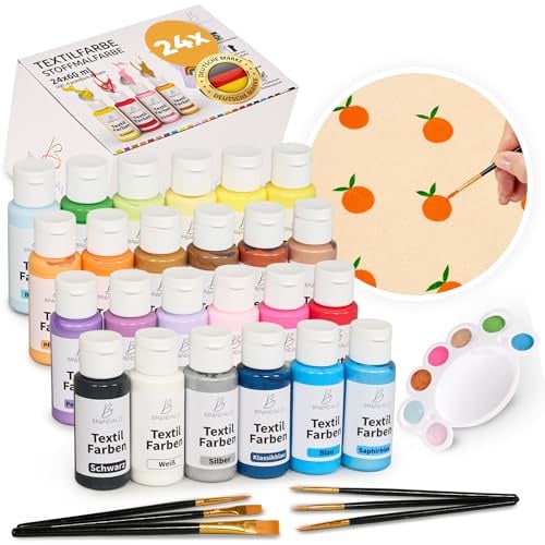 Premium 24x60ml Stoffmalfarben waschfest - Textilfarbe waschmaschinenfest - Stofffarben waschfest - Fabric Paint Textilfarben Stofffarbe Waschmaschine Stoffmalfarbe Stoff Farbe Textilfarbe zum malen