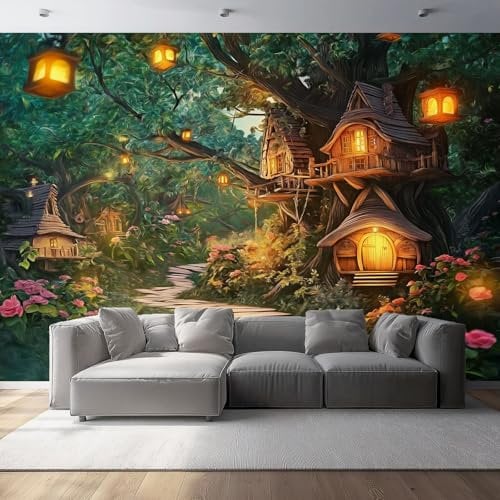 Wallpaper Fairy Tale Style Forest Tree House Non-Woven Wall Mural, Decoration Poster Picture Design Modern Mural for livingroom Kids Bedroom Green Warm