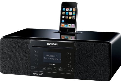 Sangean DDR-63 All-in-One Table Top with WiFi Internet, FM-RDS/Aux In/CD/USB/iPod Cradle in Acoustically Designed Wooden Cabinet WITH FREE BLUETOOTH MUSIC RECEIVER
