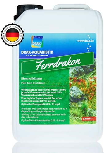 DRAK-Aquaristik® Ferrdrakon Fertiglösung 3,0l Eisendünger Aquarium | Aquarium Pflanzendünger hochkonzentriert | Flüssig Dünger für Intensive Blattfärbung | Basis-Düngung für Aquarienpflanzen Wachstum