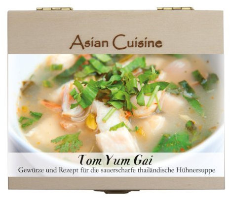 Tom Yum Gai – 8 Gewürze für sauerscharfe thailändische Hühnersuppe (54g) – in einem schönen Holzkästchen – mit Rezept und Einkaufsliste – Geschenkidee Feinschmecker – von Feuer & Glas