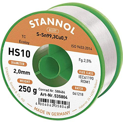 Stannol HS10 2510 Loetzinn, bleifrei Spule Sn99,3Cu0,7 250g 2mm