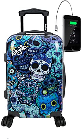 TOKYOTO Kabinentrolley Kinderkoffer Handgepäck Flugzeug für Mädchen Jungen Für Fans mexikanischer Totenköpfe Cartoons Hartschalenkoffer Kabinenkoffer 55x35x20 cm TSA-Schloss USB-Anschluss Blue Skulls