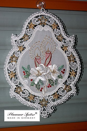 Plauener Spitze Fensterbild 20x26 cm + Saugnapf Weihnachten Stickerei Kerzen Spitzenbild