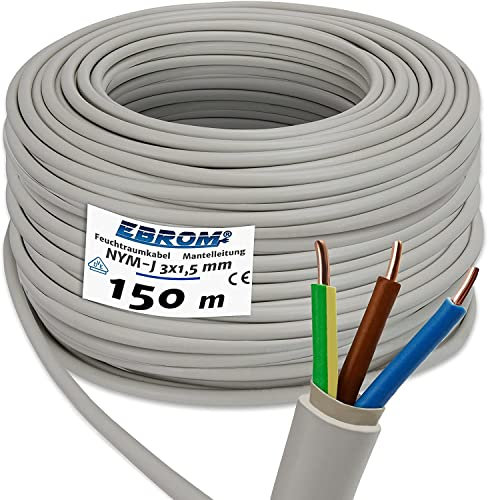 EBROM NYM-J 3x1,5 mm² - Mantelleitung - Installationsleitung - Feuchtraumleitung - grau - große Auswahl in vielen Längen in 5 Meter Schritten bis 250 Meter am Stück - Ihre Länge: 3x1,5 mm², 150 Meter