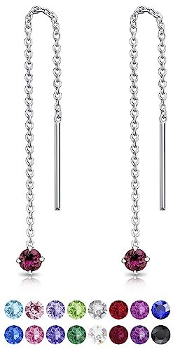 DTPsilver® KLEINE Durch Ohrringe ziehen 925 Sterling Silber mit Baumelnde 3 mm Swarovski® Elements Kristall - Farbe : Amethyst