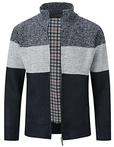 Mens Knitted Cardigan Sweater Multicolor Chunky Knit Jacket Full Zip Knitwear Jumper, Grey+navy, S