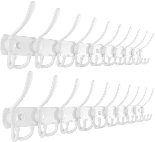 Dseap Garderobenleiste mit 10 haken, schwerlast 96cm Lang garderobenhaken, edelstahl wandgarderobe, kleiderhaken wand, hakenleiste garderobe für mantel hut handtuch handtasche, weiß, 2er-set
