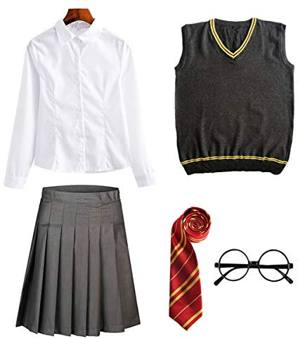 FStory&Winyee Zauberer Zubehör Set Kinder Erwachsene Fanartikel Fasching Outfit Zubehör Set Krawatte, Hemd/Bluse, Rock, Weste, Brille, Rot-webliches Set 01, XXL