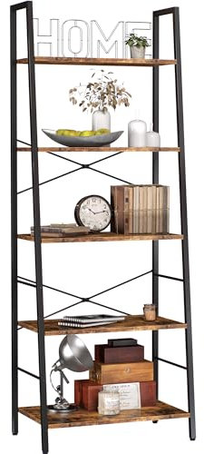 Yusong Bookshelf, Ladder Shelf 5-Tier Bookcase for Bedroom, Industrial Book Shelves Storage Rack with Metal Frame for Home Office, Rustic Brown