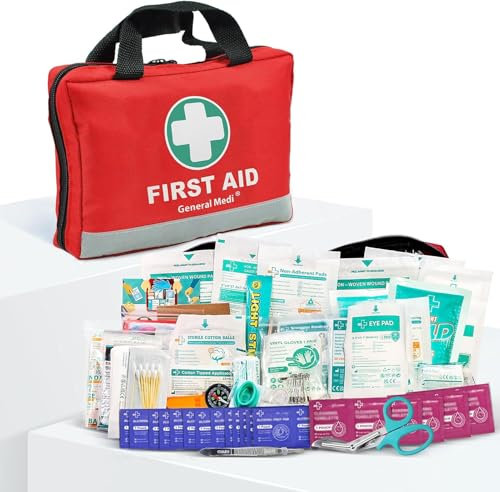 General Medi Trousse de Premiers Secours Composée de 309 Articles pour la Maison, le Véhicule, les Voyages, le Bureau, le Lieu de Travail, la Randonnée, la Survie et l'Extérieur (Rouge)