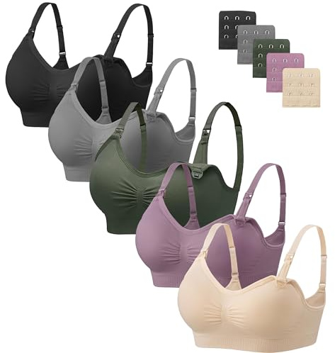 Angelhood Nursing Bra 5 Pack Womens Maternity Breastfeeding Seamless Wireless Sleep with Extenders