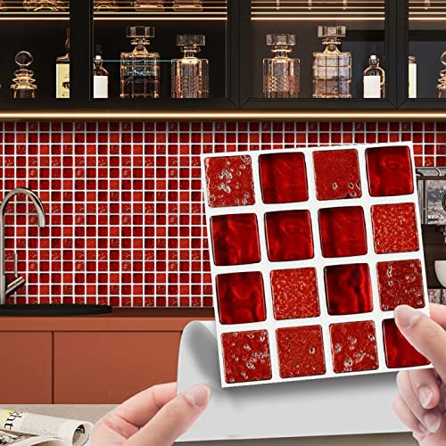 Fliesenaufkleber Roter Mosaikdruck Küchenrückwand Folie 3d Fliesenaufkleber Bad PVC Klebefliesen Wasserdicht Selbstklebende Fliesen Leicht zu Schrubben Klebefliesen Boden10 Stück(10X10cm)