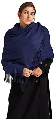 VaneriHome Schal Damen Frühling Herbst einfarbig mit Quaste Elegante Stola für Freizeit Abendkleid Hochzeit 190x63cm, Navy Blau