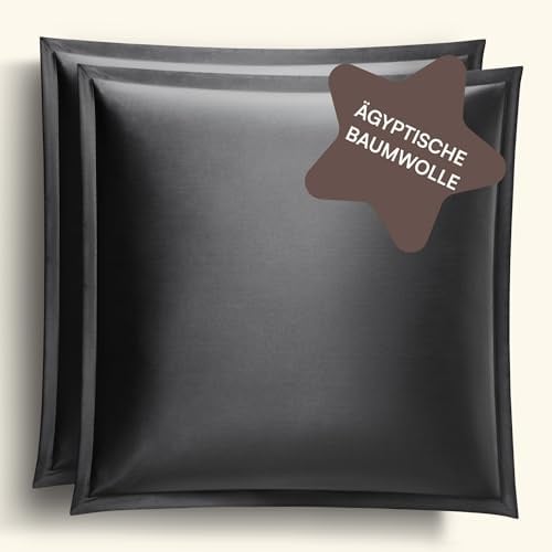 Amqua Mako Satin Kissenbezug 2er Set Kissenbezüge 40x40 cm, 100% ägyptische Baumwolle (Zertifiziert) schwarz/anthrazit