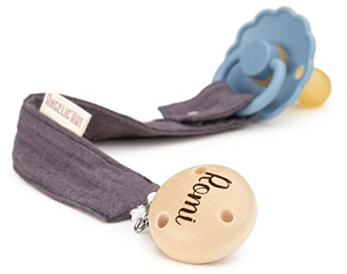 AngelicArt Schnullerband mit Gravur Namen für Jungs und Mädchen - große Farbauswahl - Geschenk für Baby (Dunkelgrau)