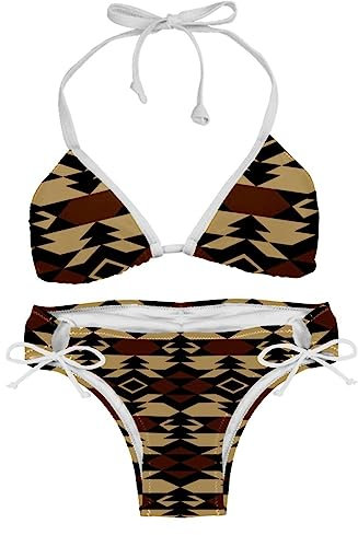 Damen Triangel Bikini Badeanzug,Vintage indianischer Boho-Stil,Badeanzug-Set mit Raffhalter
