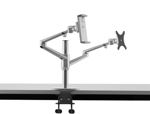 HASMI Monitor Halterung Aluminium 3 in 1 höhenverstellbarer Desktop-Dualarm 17-32-Zoll-Monitorhalter + 12-17-Zoll-Laptop-Ständer +14 Zoll Tablet-Halterung Monitor Arme (Color : Silver)