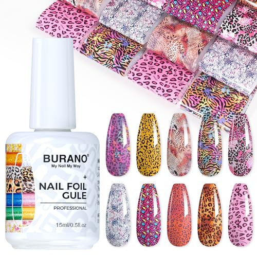 BURANO Transferfolie Nägel Nagelfolien, Nail Art Foil Kleber Folienkleber mit 10PCS Foliensticker,Transferfolie Nagelsticker 15ml 1 Flaschen Nail Art Klebetransfer (Leopard Foil 07)