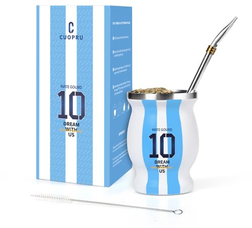 Argentina Captain No.10 Yerba Mate Zucca, a doppia parete in acciaio inox, isolamento sottovuoto, tazza per mantenere caldo/ghiaccio, caffè, acqua, tè e birra, con cannuccia Bombilla, spazzola per la