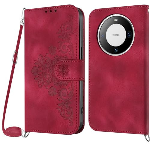 Netany Cover per Huawei Mate 60 Pro con Cordino, Flip Portafoglio Custodia in Pelle, [2 Porta Carte][Chiusura Magnetica],Custodia Libro Antiurto Cover con Laccio per Huawei Mate 60 Pro (Rosso)