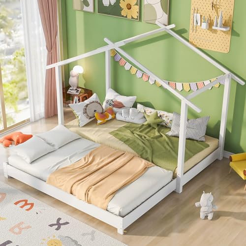 MQGPM Kinderbett Baumhaus 90/180 x 190cm mit Rausfallschutz umbaubar Bodenbett, Holzbett für Kinderzimmer aus Kiefernholz und Lattenrost mit Nachttisch für 2 Kinder Zwei Einzelbetten, Weiß