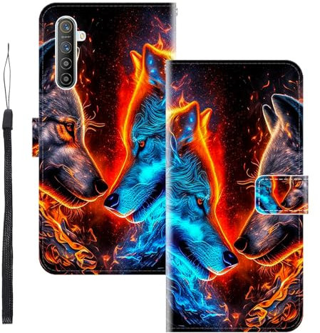 WUACYEAMING Funda para Realme X2/Realme XT/OPPO K5,con Soporte/Ranura de Tarjeta Cubierta Premium Magnético Suporte TPU Protectora Fundas PU Cuero Flip Multifuncional Dos Lobos