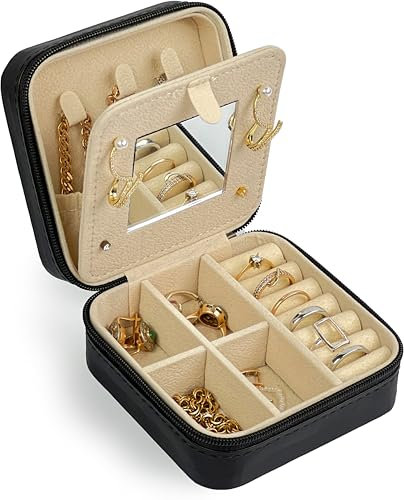 HomeGadget Reise Schmuckkästchen mit Spiegel - Schmuck Box aus PU Leder mit Reißverschluss - Jewelry Organizer - Schwarz
