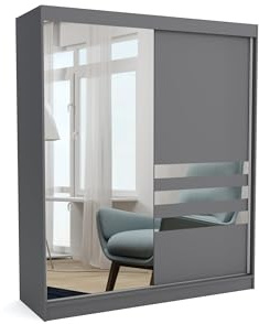 Brent - Kleiderschrank mit Spiegel Henry, 180cm Breit, Schlafzimmerschrank mit 1 Kleiderstange und Einlegeböden für Kleidung, Kleiderschrank Grau