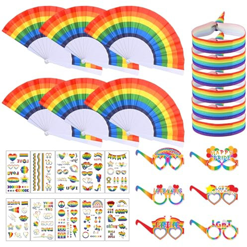 SHOWHEEL LGBTQ Accessories, 6 Gay Pride Adjustable Bracelets + 6 Rainbow Hand Fans + 6 Pieces Rainbow Glasses Frame + 12 Lesbian Stickers, Pride Gay Jewelry LGBT Accessories