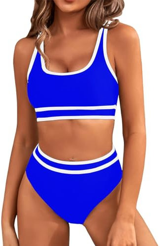 GRMLRPT Bañadores Mujer Estilo Deportivo 2025 Elegante Traje de Baño Conjunto Bañador Sexy para Mujer Playa Cuello en V Traje de Baño Bikini Sets(Azul,S)