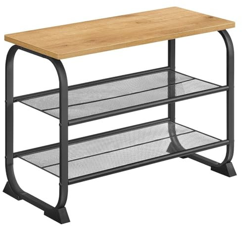 Begryf, Schuhregal mit Sitzfläche – 3-stöckiges Schuhregal Metall mit Holzplatte, Schuhbank für Flur, 66 cm breit, modernes Schuhablage Regal Industrial