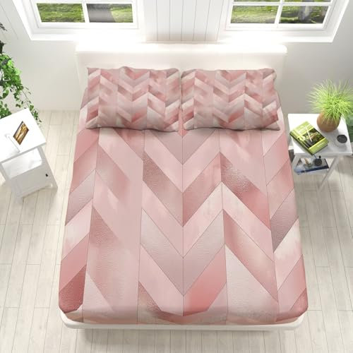Bedding Set Rose Gold Foil Printed Fitted Sheet, Single Size Fitted Sheet and 2 Pillowcases, 12 in Deep Pocket Pink Bedding, Machine Washable Hypoallergenic & fade-resistant