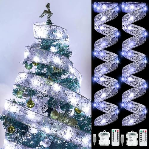 YeahBoom 2 Stück Weihnachtsband Lichter,2×6m 120 LED Band Weihnachtsbeleuchtung,Bänder Lichterketten,Batteriebetriebene Weihnachtslichterkette für Party,Innen und Außenbereich Weihnachtsdekoration