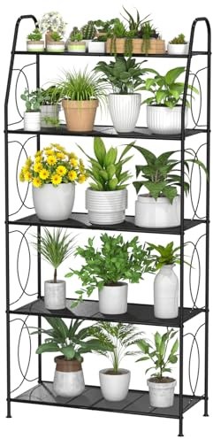VyGrow 5 Tier Plant Stand Indoor Outdoor, Heavy Duty Plant Shelf, Metal Mesh Tall Plant Stands Holder Rack for Living Room Balcony and Garden, Black