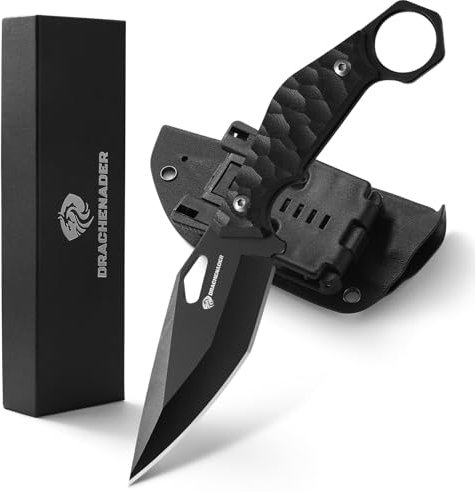 DRACHENADER Outdoor Messer Survival SEAL-FULL BLACK – 5Cr13MoV Stahl Full Tang Jagdmesser, Gürtelmesser mit 10 cm Klinge, Kydex-Scheide, G10-Griff, Überlebensmesser für Bushcraft, Camping