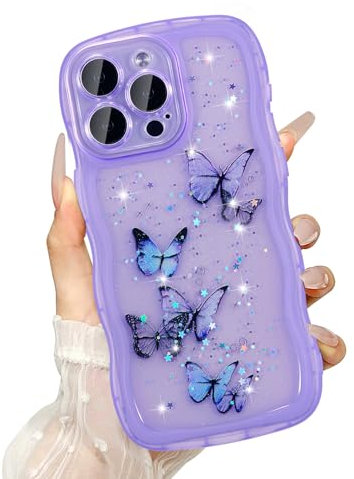 UEEBAI Wave Case for iPhone 11, Cute Bling Butterfly Case for Girl Women, Pretty Glitter Sparkle Stars, Clear Curvy Protective Shockproof Bumper Phone Cover - Purple