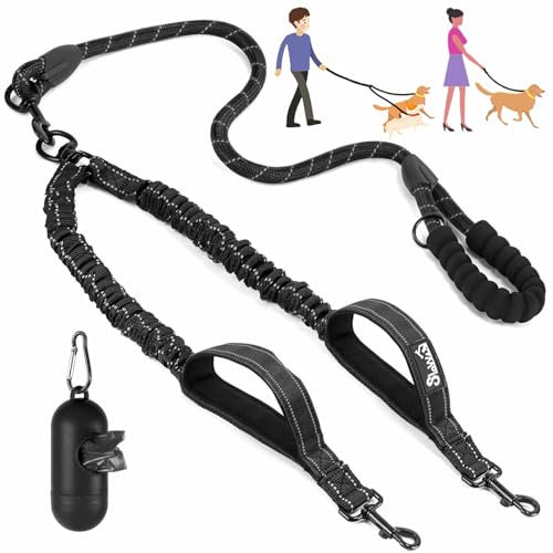 Eyein Doppelleine für 2 Hunde, Hundeleine für große Hunde, Flexible und reflektierende verhedderungsfreie Hundeleine mit 2 gepolsterten Griffen für Hund von 11 bis 68 kg (Schwarz)