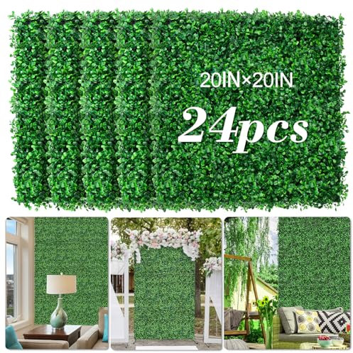 AOKIIE 24 Stück 50,8 x 50,8 cm Kunstrasen-Wandhintergrüne, immergrüne Buchsbaumplatten mit UV-Schutz, grüne Hecke für Innen- und Außenbereich, Garten, Terrasse, Hochzeit, Hinterhof-Dekoration