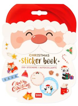 Legami - Weihnachts-Stickerbuch, 8 Blätter mit mehr als 150 Papierstickern, Stickerbuch mit Geschenketiketten, Verschlussstempel, dekorative Sticker für Weihnachten