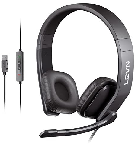 LEVN Cuffie cablate, cuffie USB con microfono per PC, cuffie con microfono per PC, cuffie per computer per lavoro/call center/ufficio/lezioni online/team/zoom (nero)