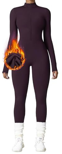 OEAK Damen Sport Jumpsuit Lang Eng Yoga Overall Langarm Rollkragen Playsuits mit Reißverschluss Nahtloser Fleece gefüttert Bodysuit Einteiler Romper,Lila,L