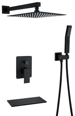 Miscelatore doccia a incasso a 3 vie Soffione doccia a pioggia nero e set di tubi flessibili Bocca per vasca a cascata e tubo flessibile e soffione doccia(