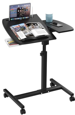 OXFENSEE Mesa auxiliar para ordenador portátil, altura ajustable, ángulo ajustable, mesa auxiliar pequeña con ruedas, con ranura para tableta, ranura para vasos, cajón pequeño